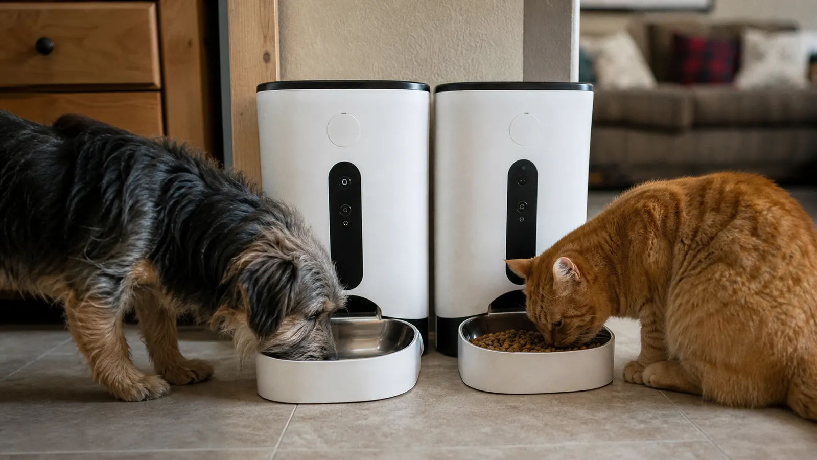 Small dog and a cat both eating from separate automatic pet feeder bowls side by side