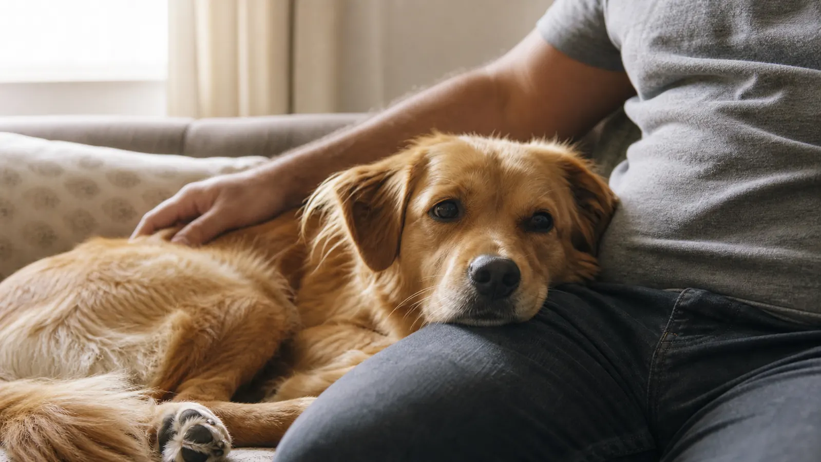 Calm dog lying relaxed on a couch next to its owner