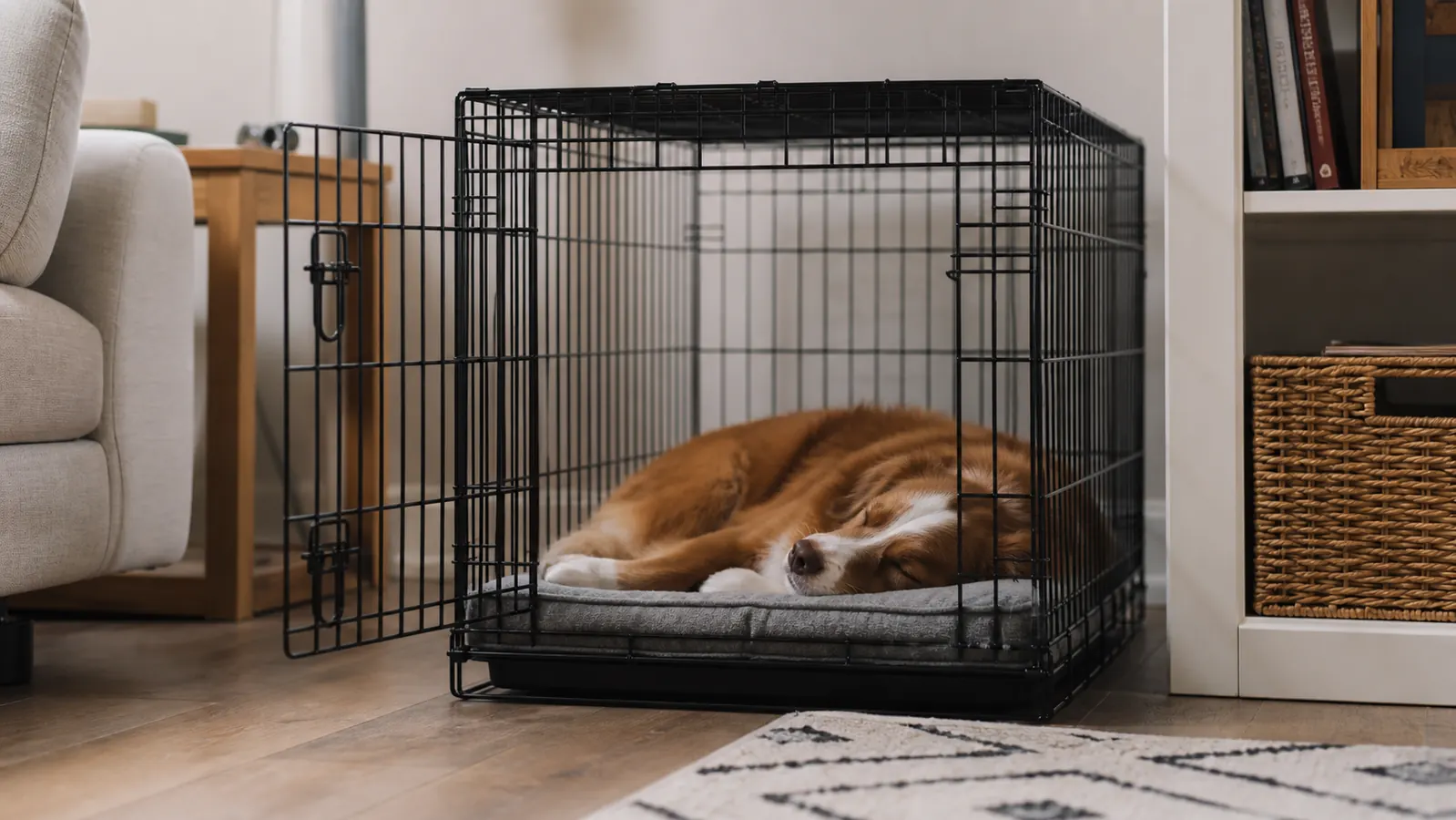 Dog sleeping soundly in a crate with the door open