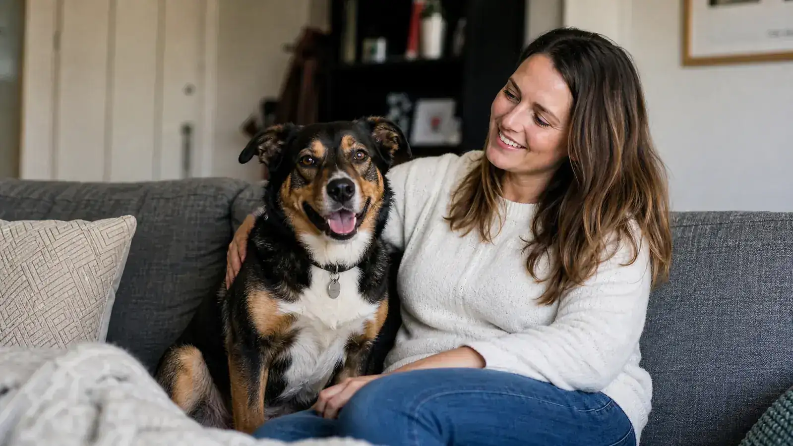 Dog and owner sitting together on a couch, dog looking healthy and relaxed