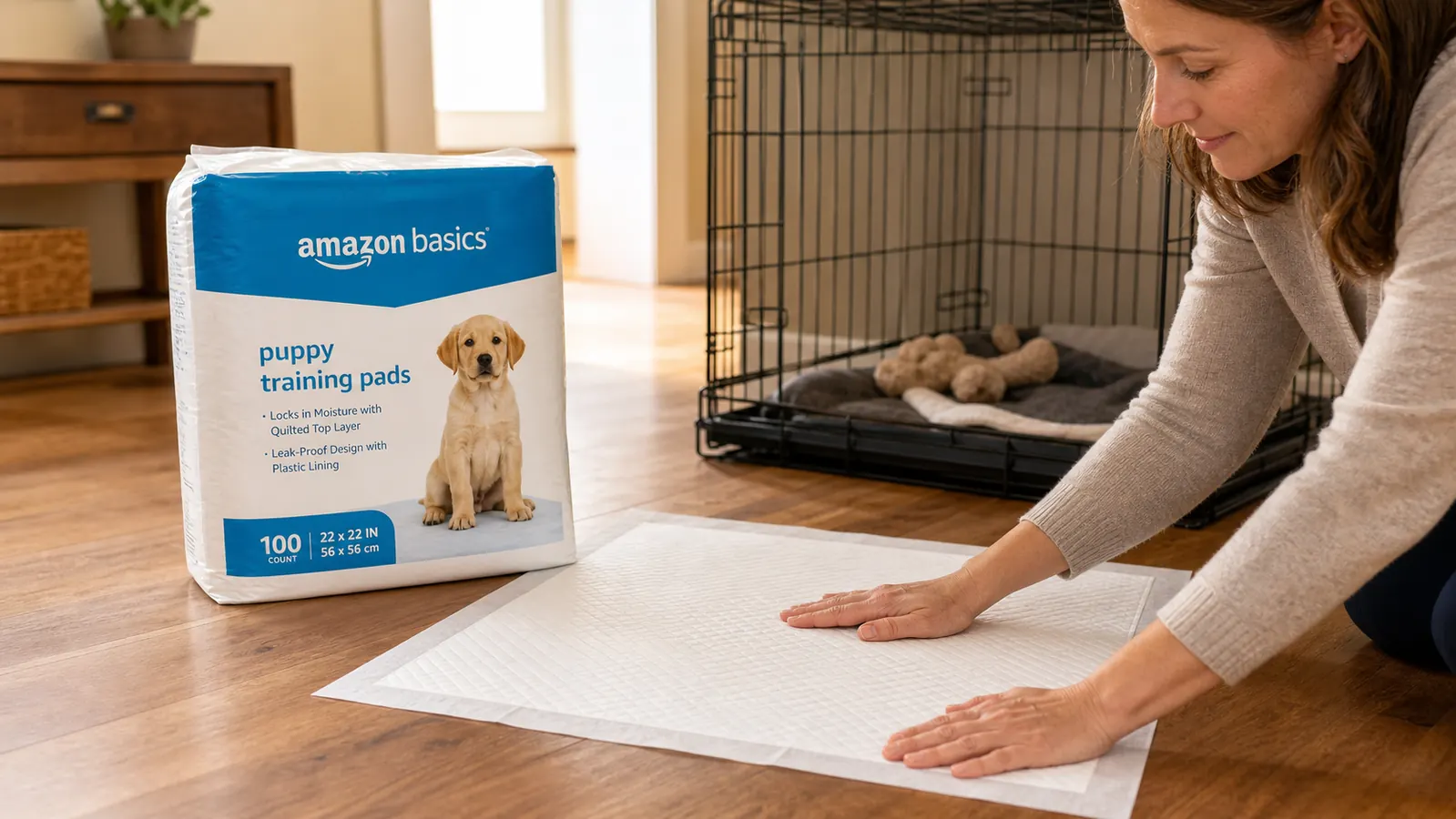 Hand placing an Amazon Basics puppy pad flat on a wood floor next to a dog crate