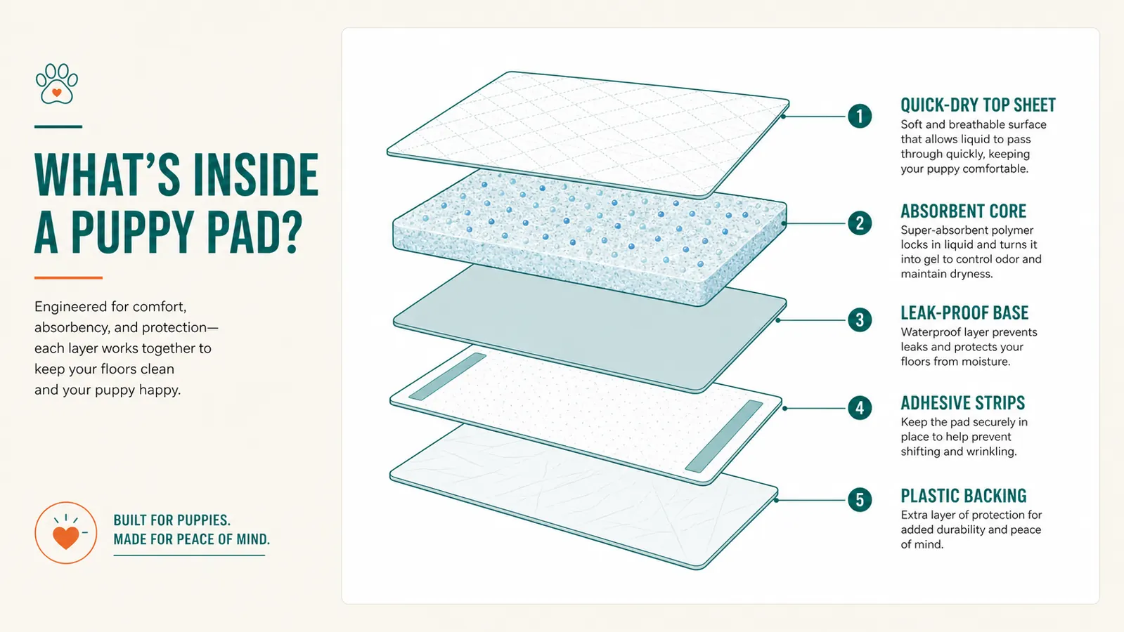 Overhead diagram showing a 5-layer pad cross-section with absorbency labels