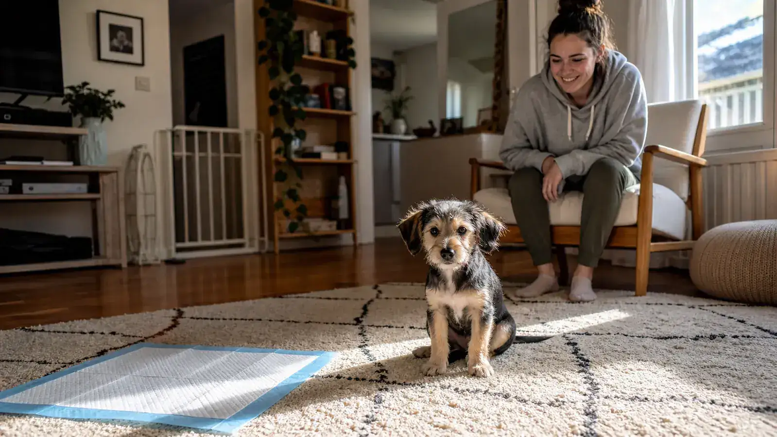 Puppy sitting calmly near a training pad with its owner watching nearby