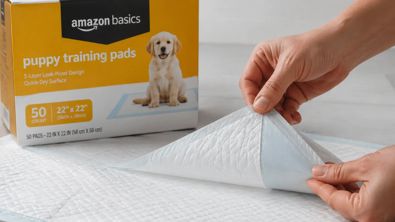 Hand holding the corner of a puppy pad, showing the plastic backing and thickness