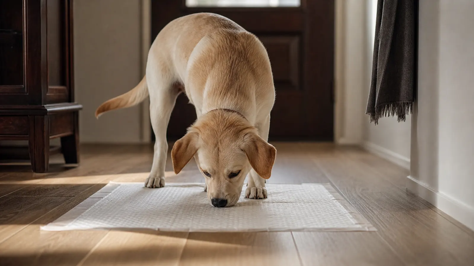 Dog sniffing a fresh training pad on a wood-laminate floor