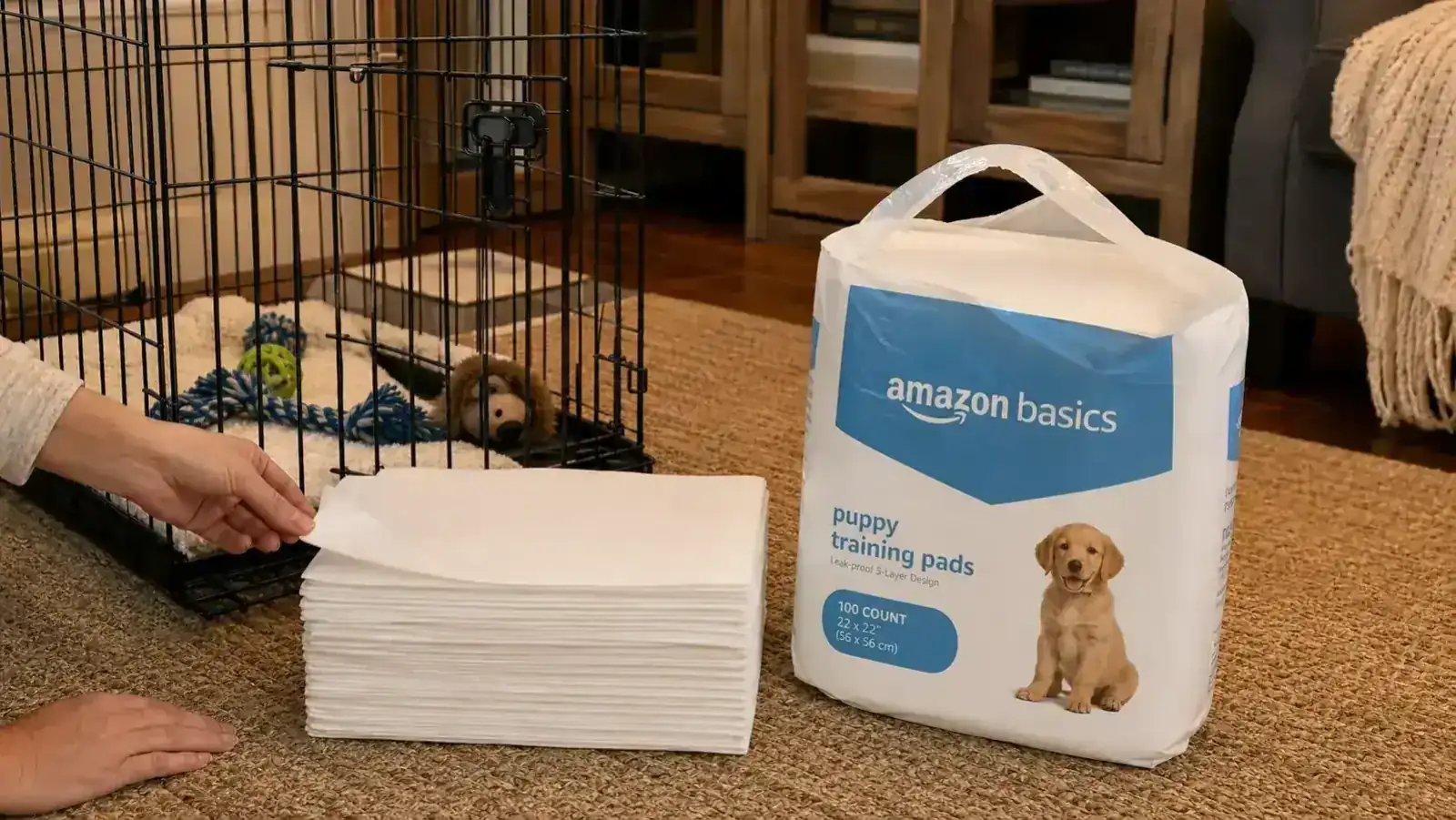 Stack of Amazon Basics puppy pads next to a dog crate in a living room
