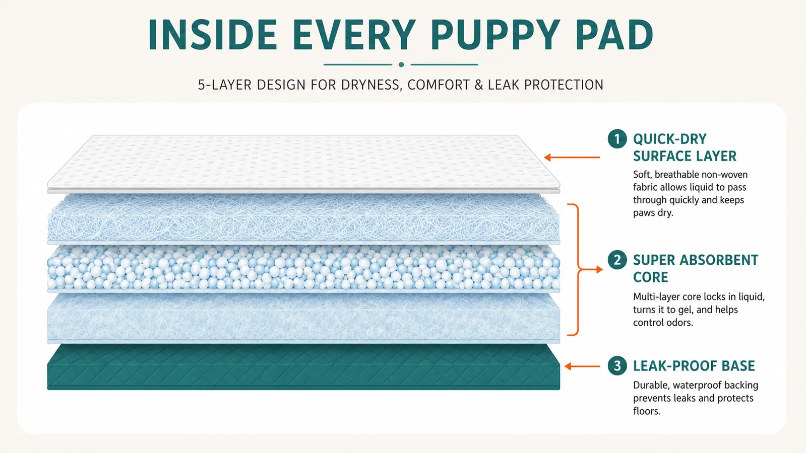 Cross-section diagram showing 5 layers of a puppy training pad with labels