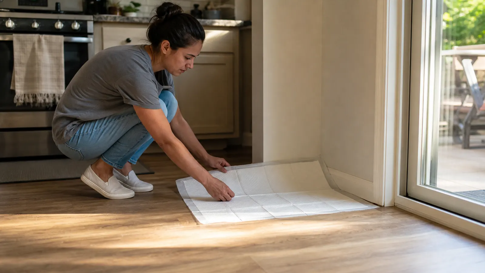 Person placing a puppy pad in the corner of a kitchen near a back door