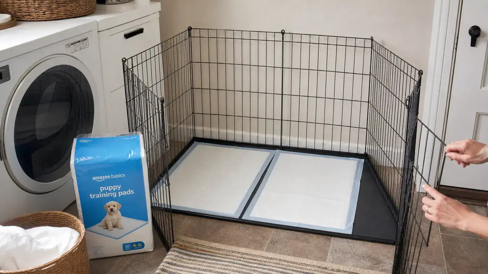 Puppy training area with pads arranged in a small playpen setup