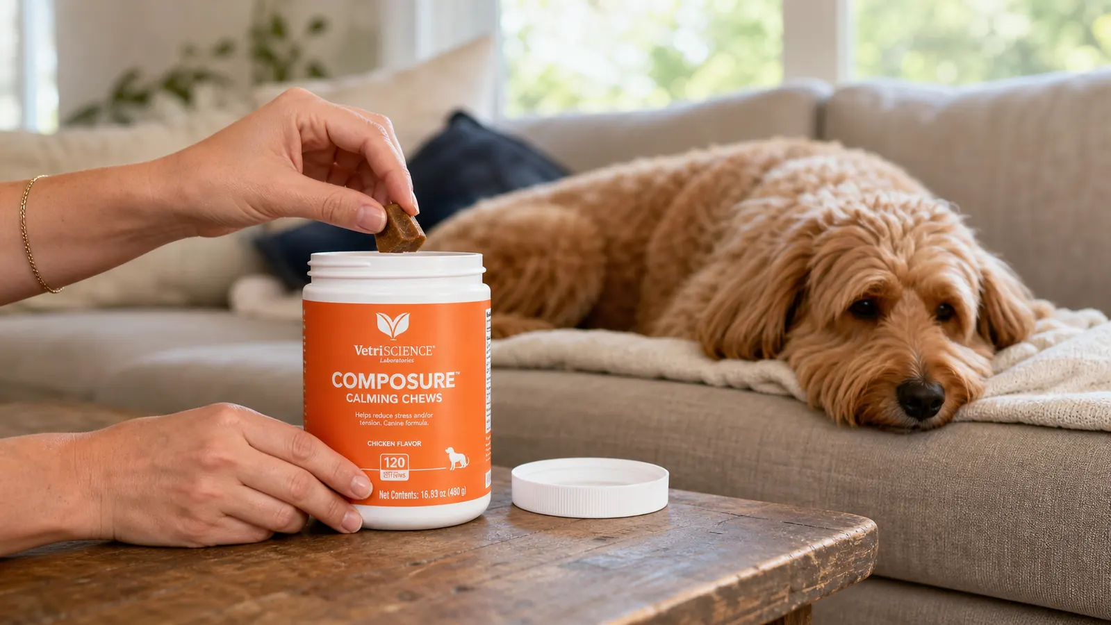 VetriScience Composure calming chews container next to a dog on a couch