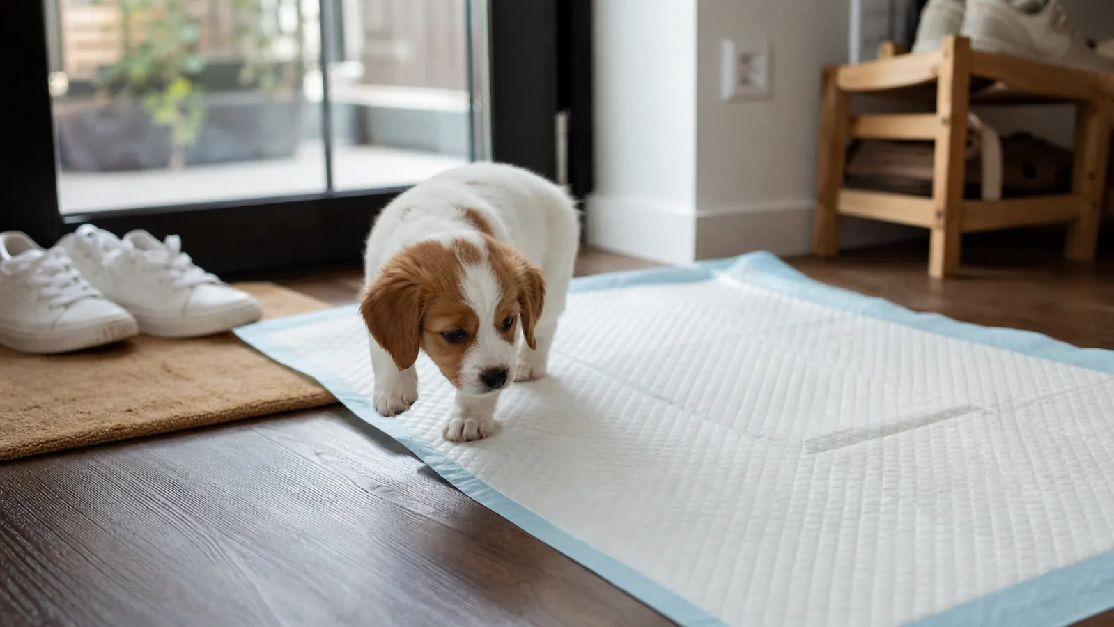 Puppy sniffing and stepping onto a training pad placed near an apartment front door