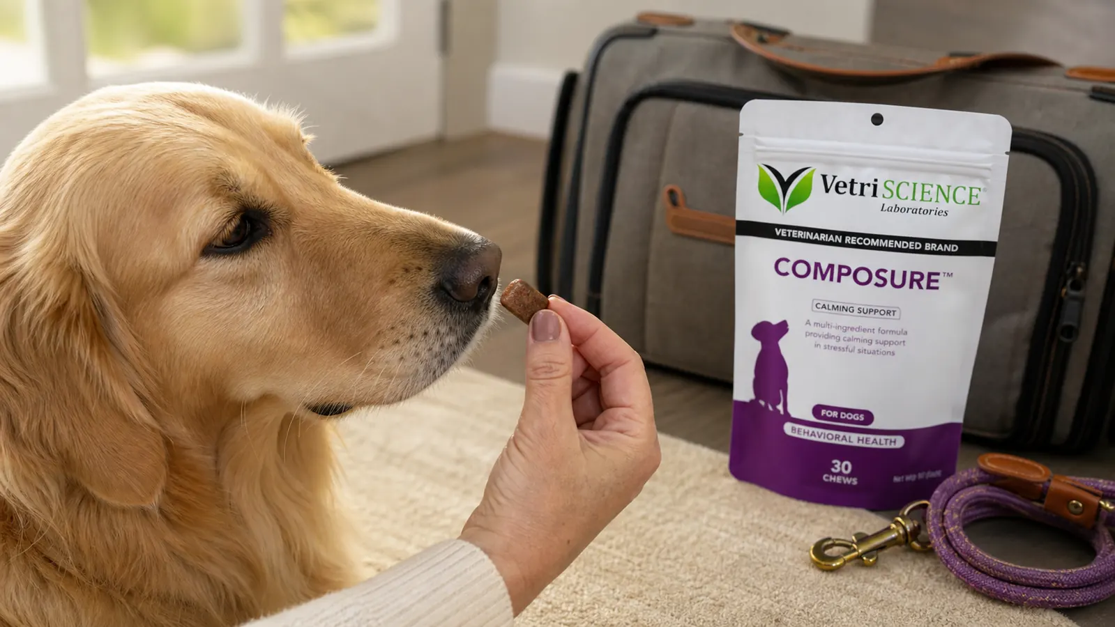 Hand offering a small soft chew to a golden retriever before going to the vet