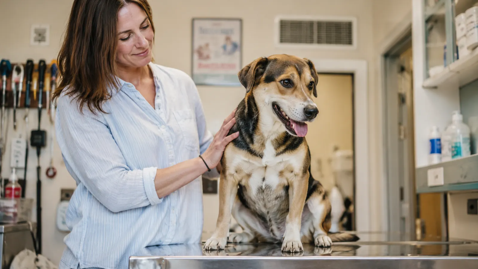 Dog sitting calmly on an exam table at the vet, owner beside them