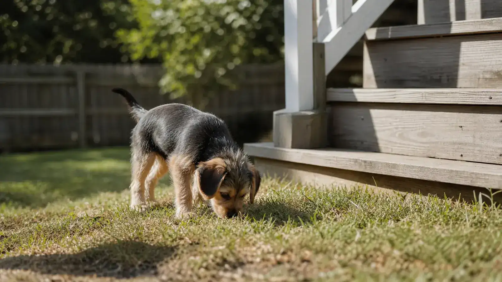 Puppy sniffing grass outside near a back door step, transitioning to outdoor potty