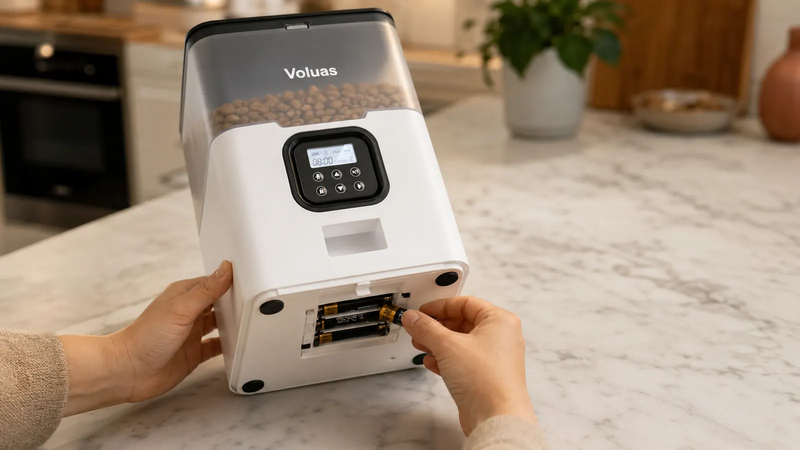 Close-up of hands installing AA batteries into the battery tray of a VOLUAS automatic feeder