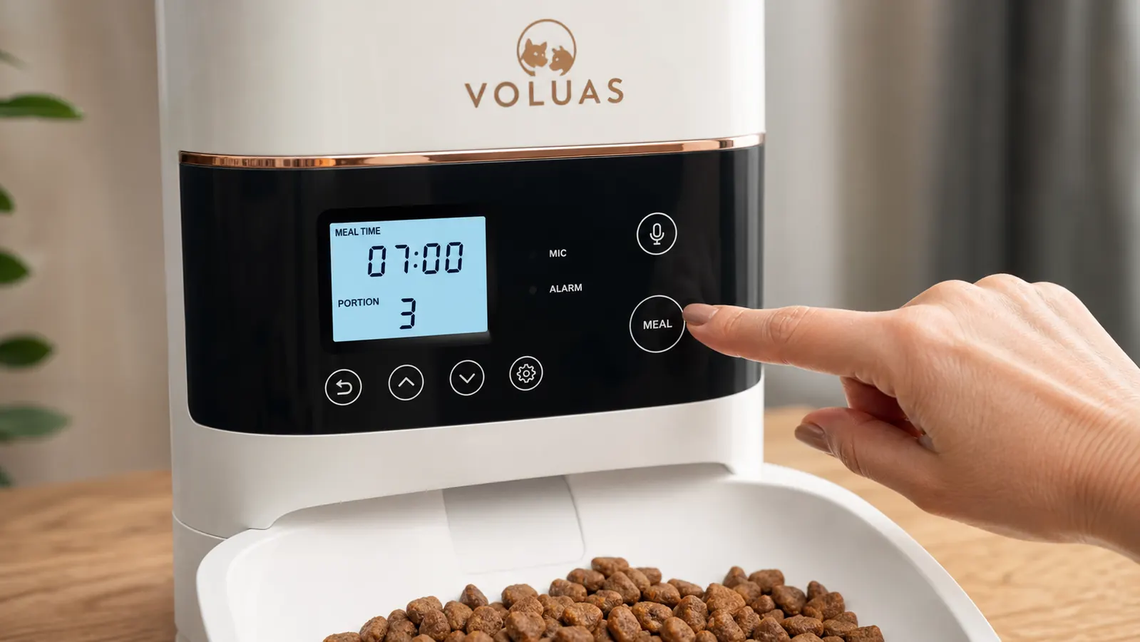 The feeder's LCD screen showing a programmed meal time of 7:00 AM with portion size set to 3