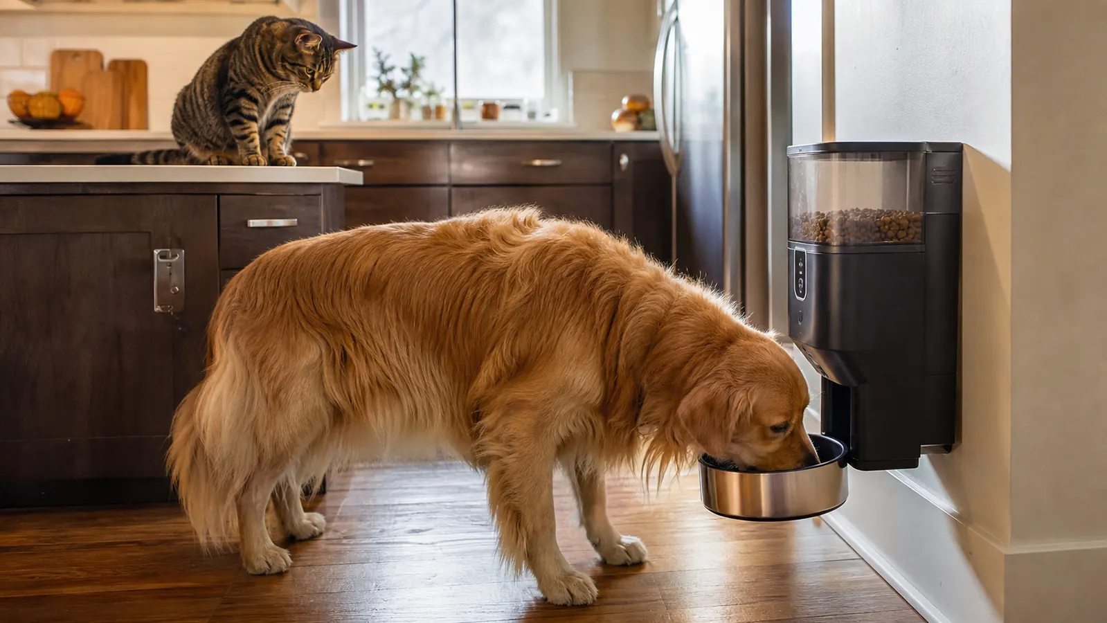 Golden retriever eating from the bowl beneath an automatic feeder while a cat watches from the counter edge