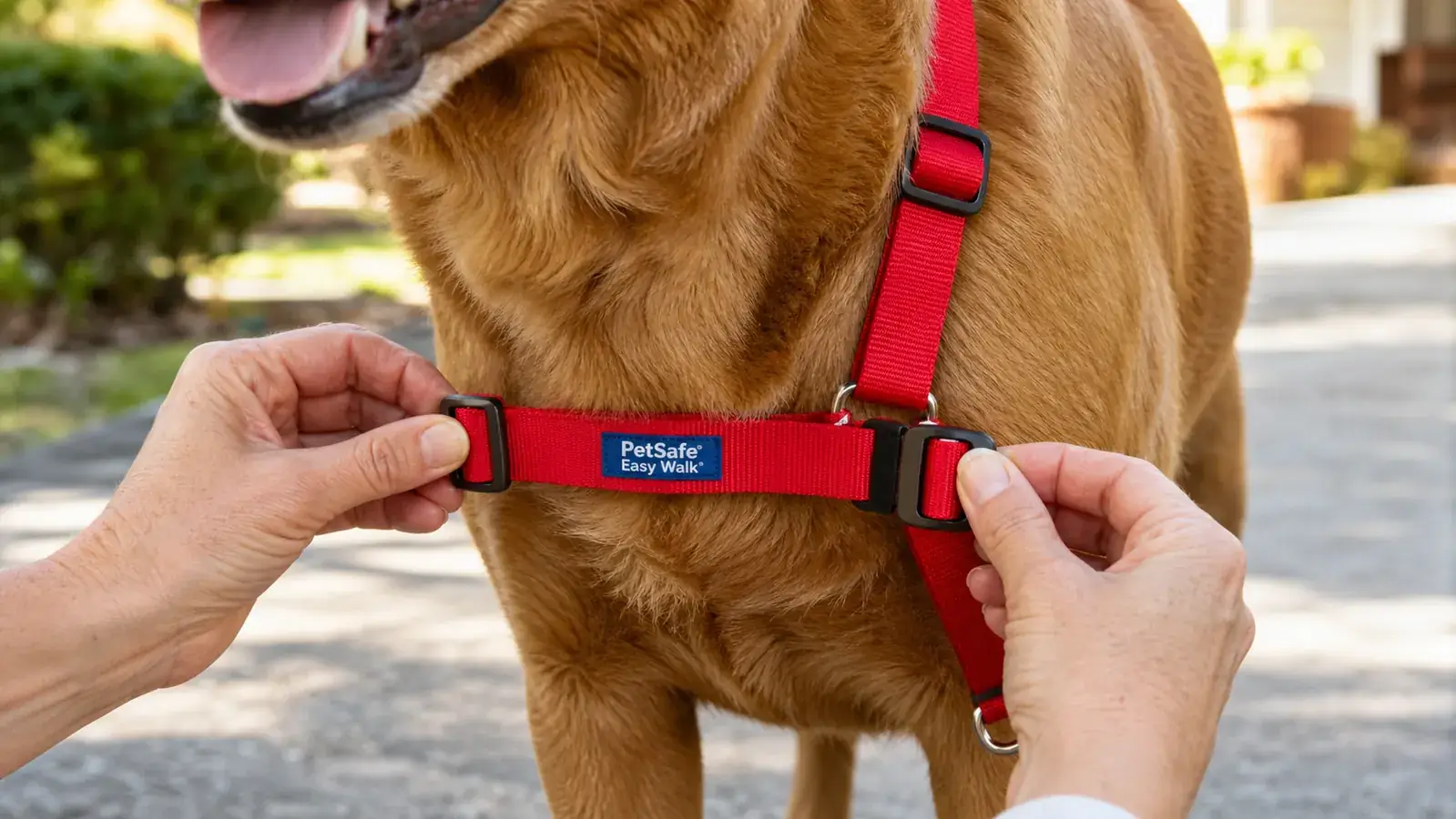Close-up of hands adjusting the chest strap of a PetSafe Easy Walk harness on a medium-sized dog
