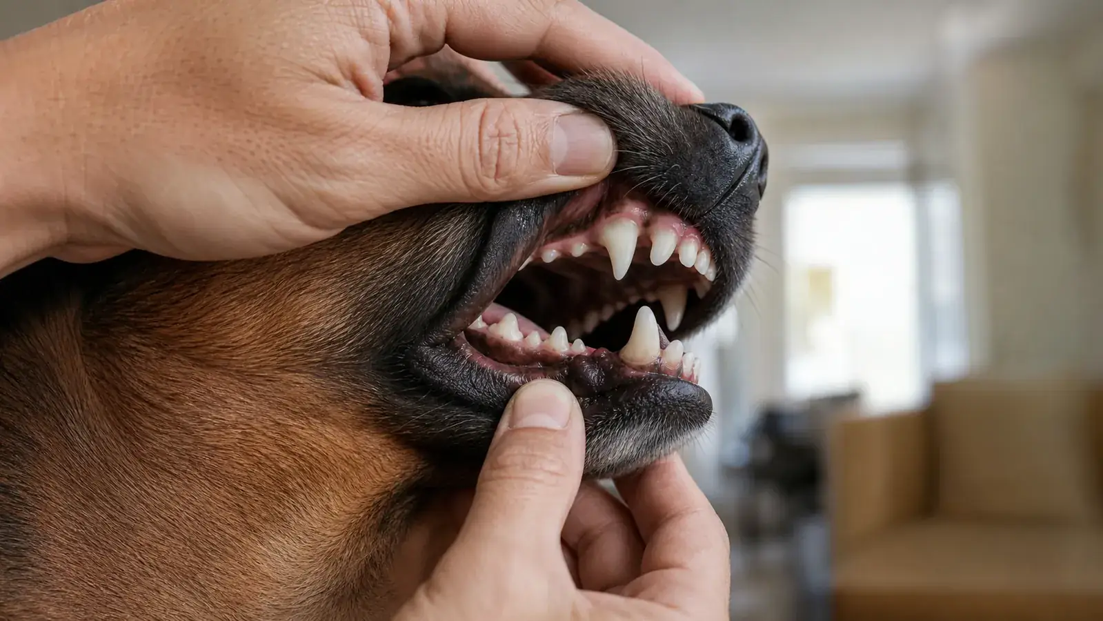 Dog with open mouth showing clean white teeth being examined by owner