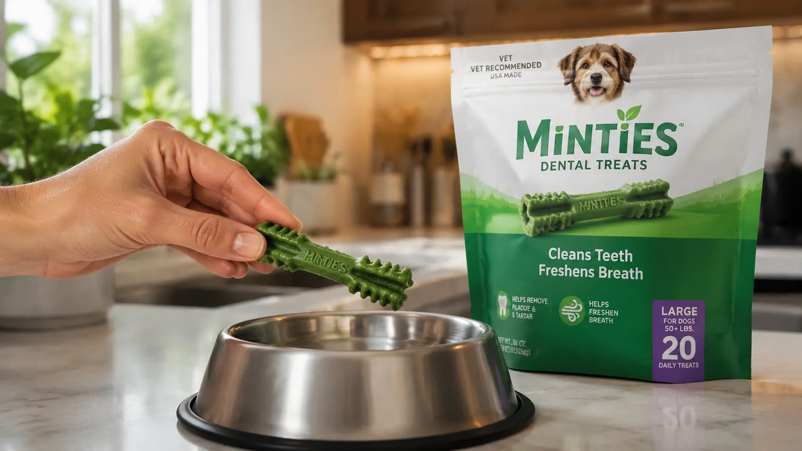 Hand holding a single green Minties dental chew over a dog food bowl