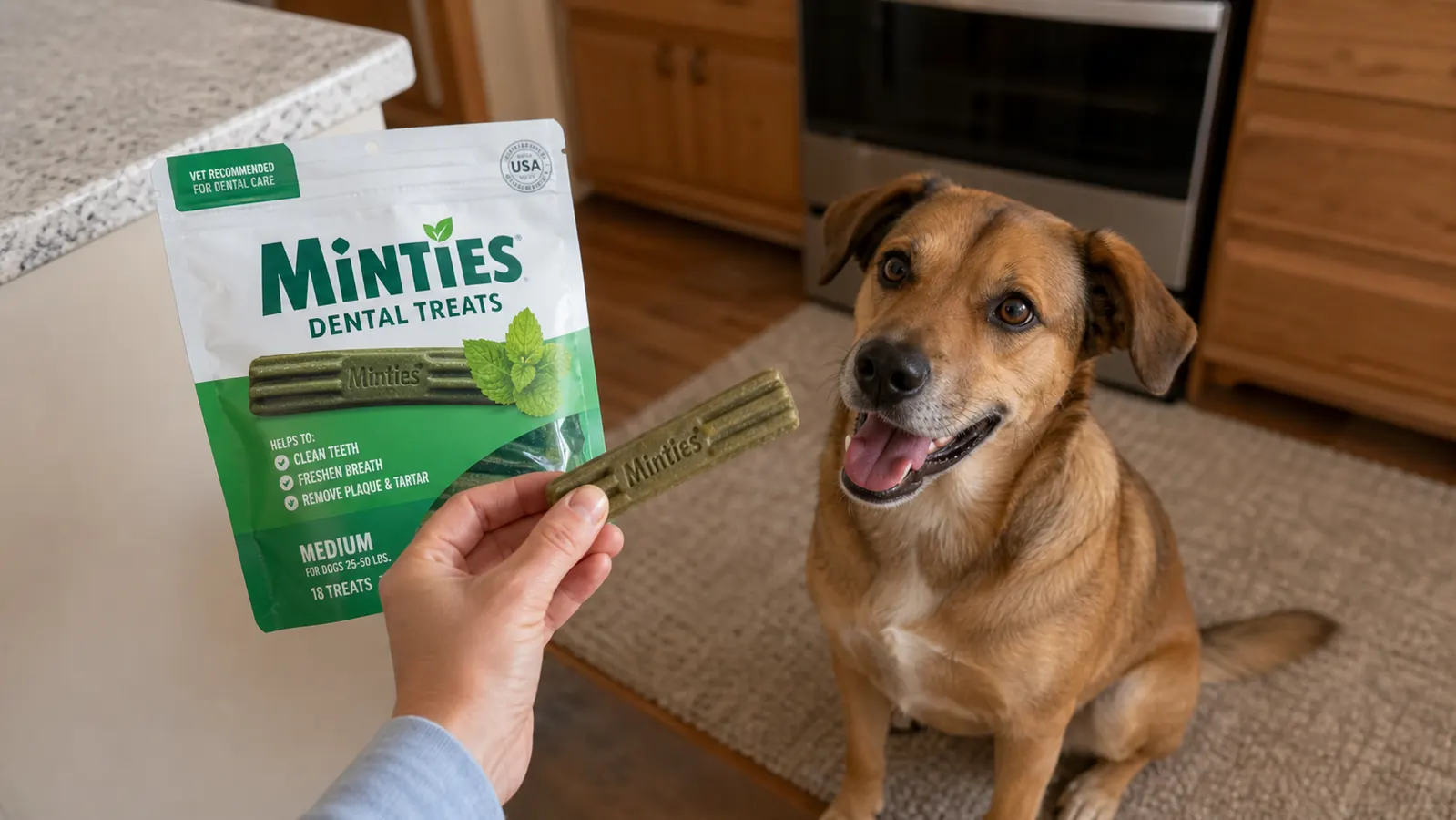 Close-up of Minties dental chew being offered to a medium-sized dog by a woman's hand