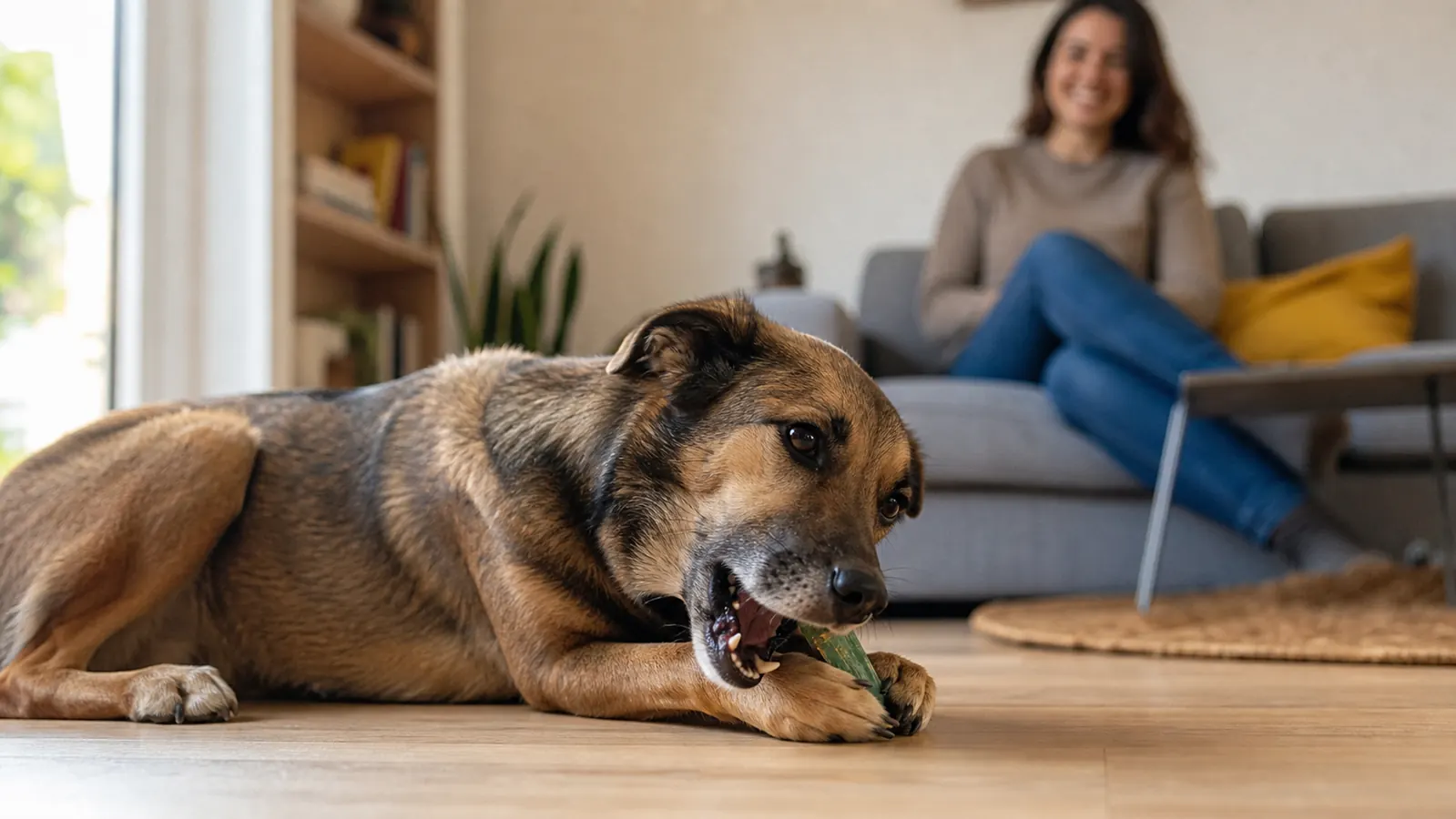 Dog chewing a dental treat on a living room floor while owner watches nearby