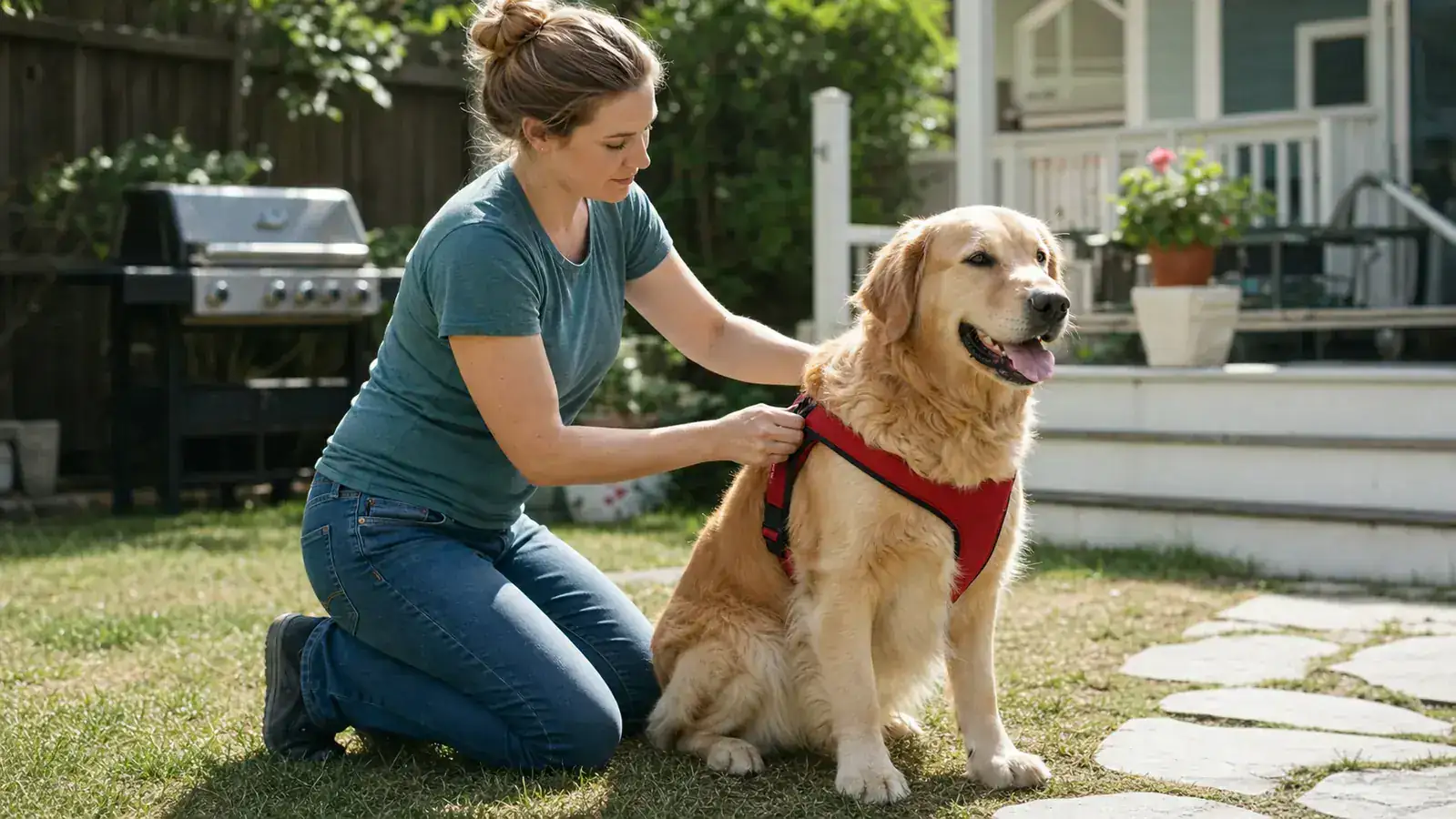 Owner fitting a harness on a large golden retriever in a backyard