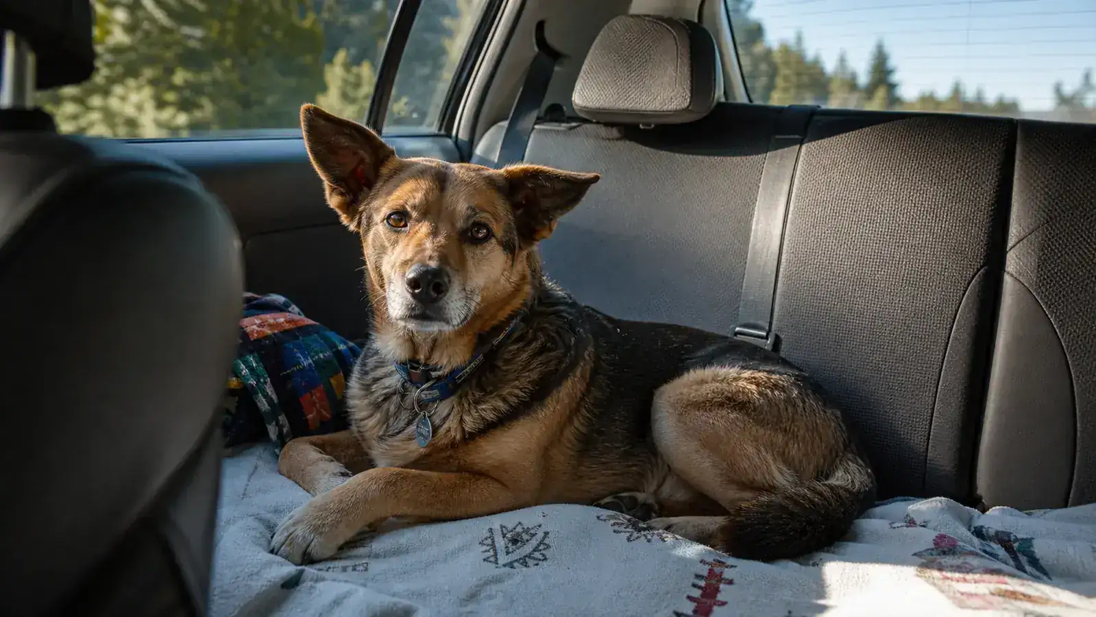 Dog lying relaxed in the back seat of a car during a road trip