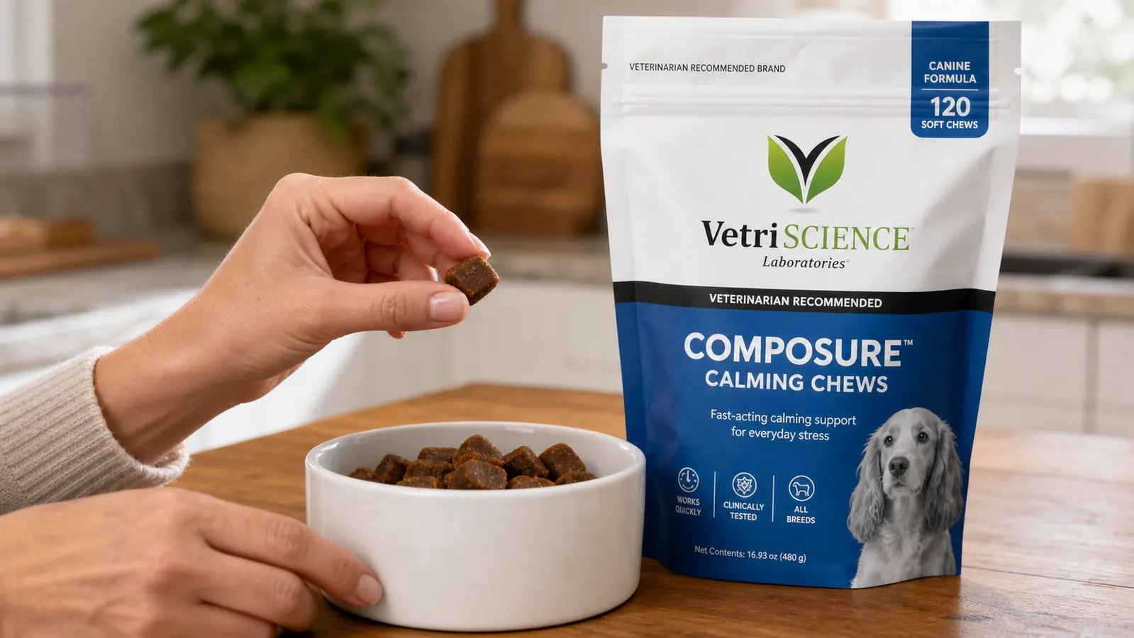 Hand holding a VetriScience Composure calming chew above a dog treat bowl