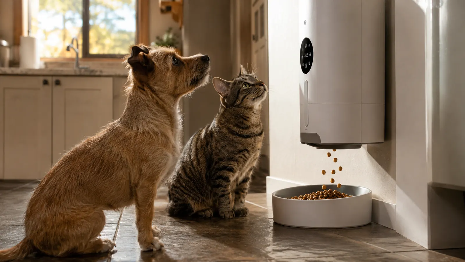 Dog and cat both looking up expectantly at an automatic pet feeder as it dispenses food