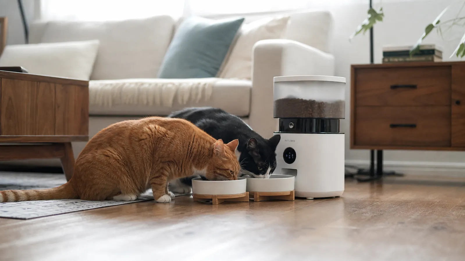 Two cats eating from separate bowls near an automatic feeder in a living room
