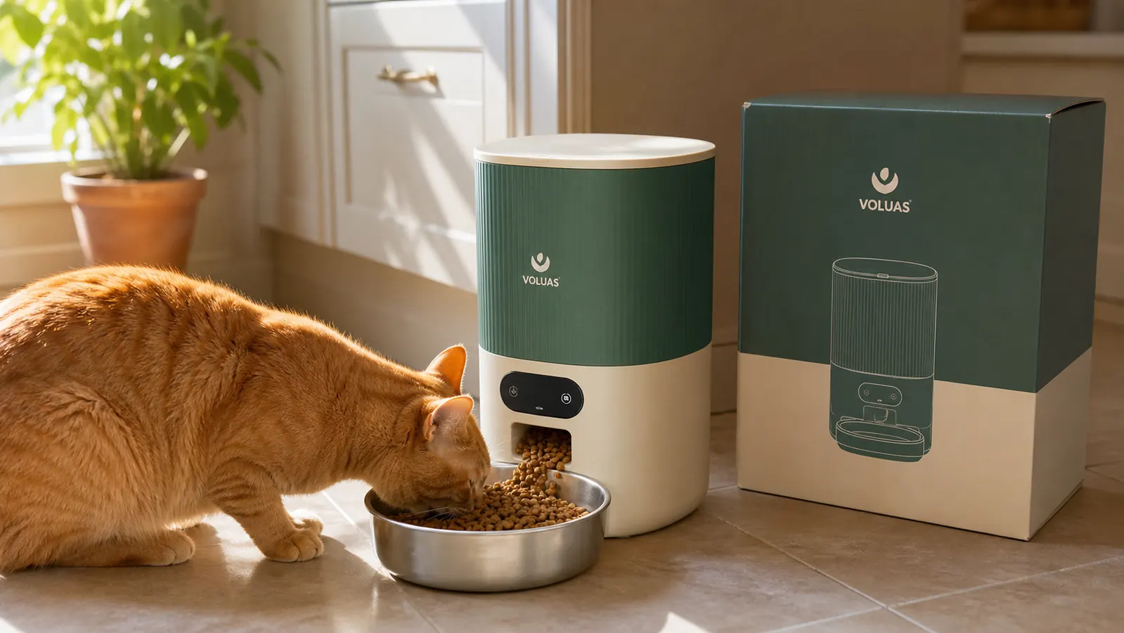 Close-up of the VOLUAS automatic feeder dispensing kibble into a stainless steel bowl while a cat eats